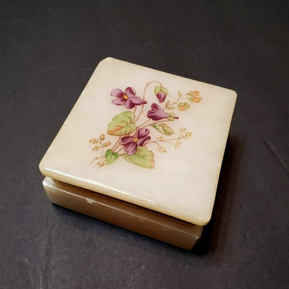 Vintage Alabaster Hinged Box, Violets Purple Flowers, Trinket Keepsake Box